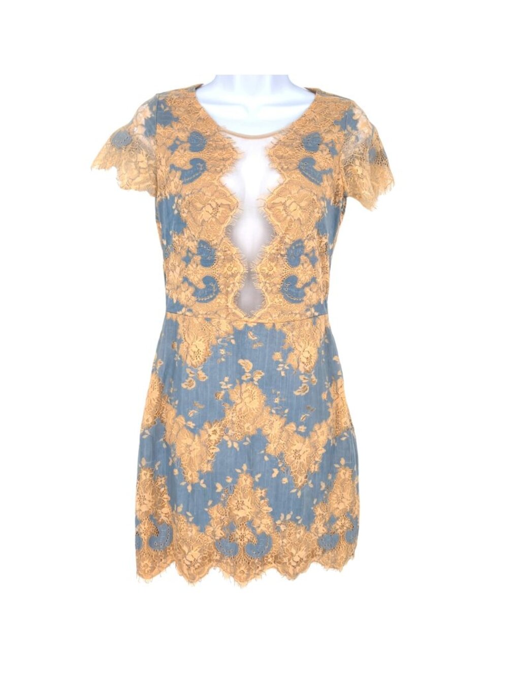 Storia Floral Lace Mesh Mini Dress Blue Beige Size Small Romantic Coquette